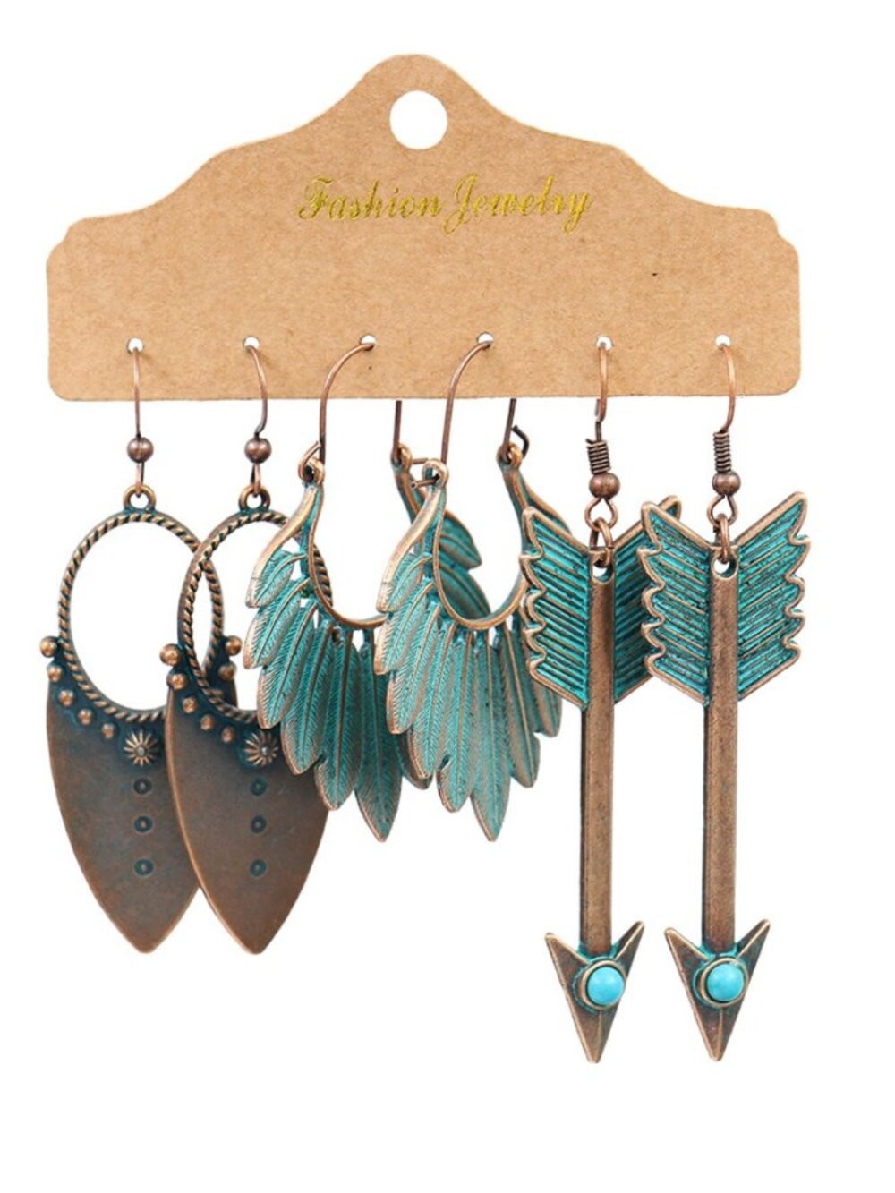 Boho Southwestern 3-Pair Earring Set – Turquoise Patina Arrow Leaf & Shield Drop